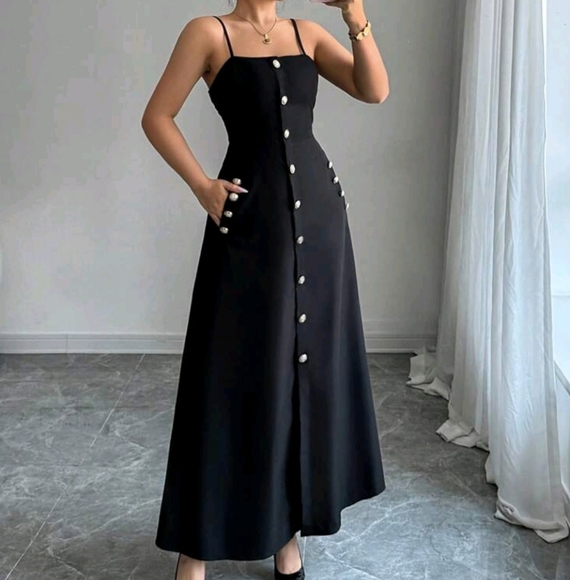 Women's Adjustable Strap Button Decor Waisted Long Dress, Elegant & Graceful - Picture 3 of 4